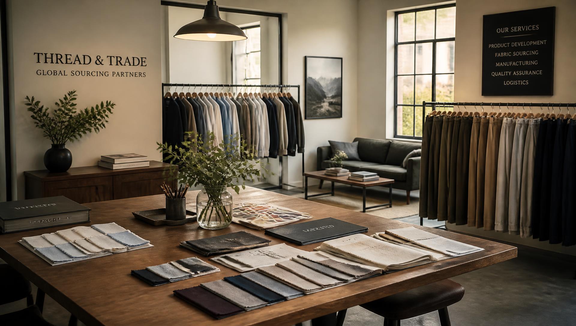 Astraea Sourcing showroom with garment racks and fabric swatch books